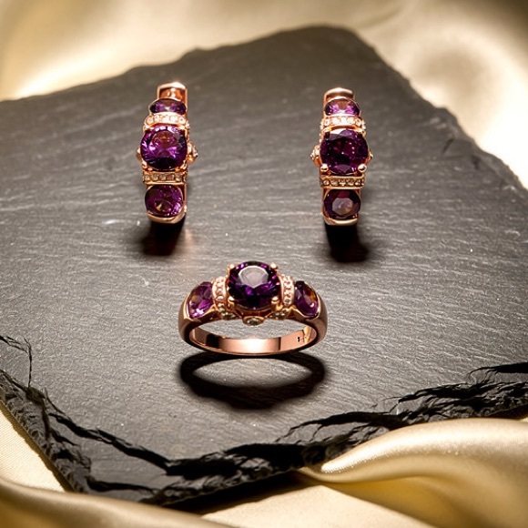 Elegant Gold w/Purple Gemstone Earrings and Ring Set - Picture 5 of 8